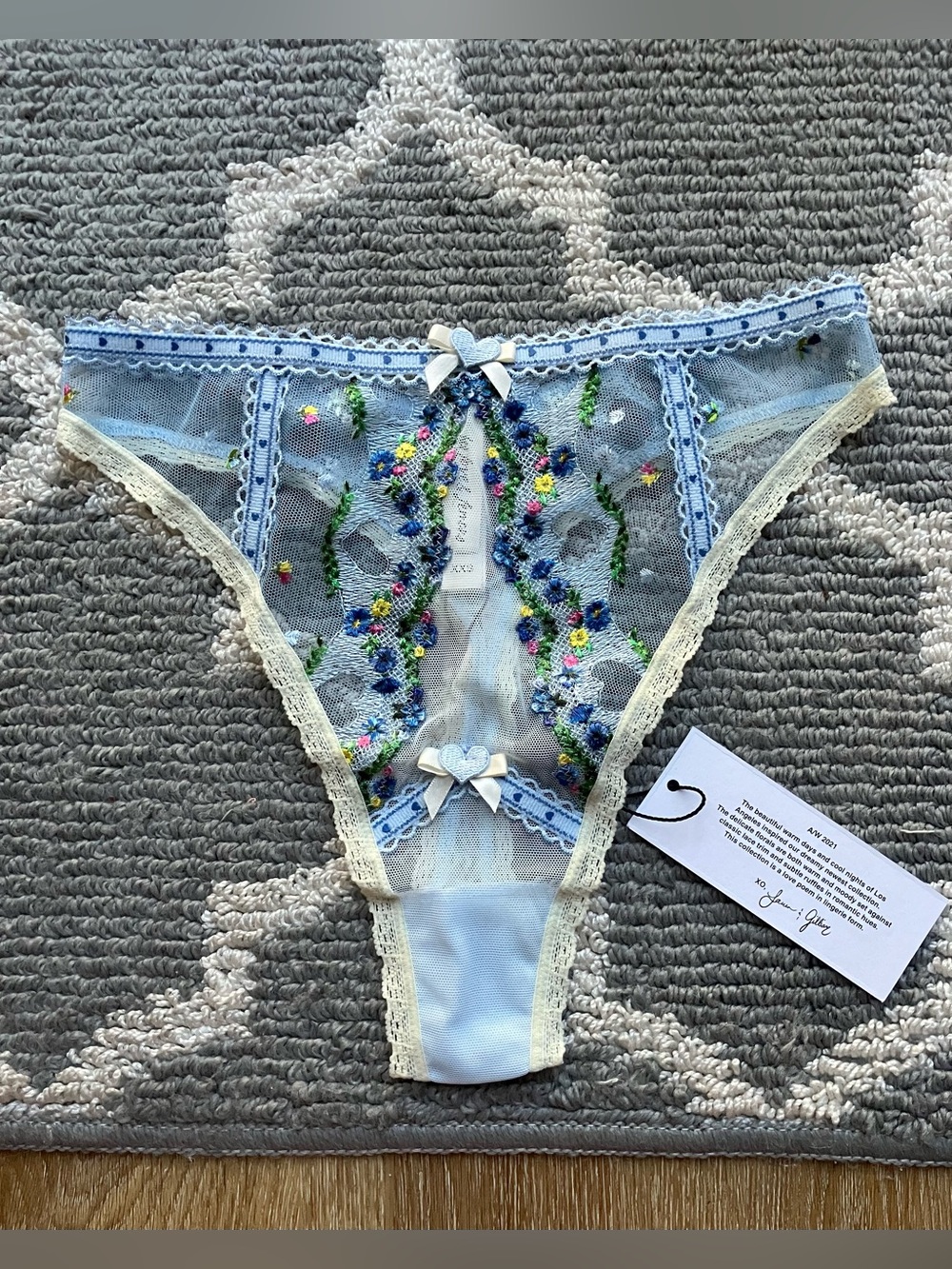 For Love & Lemons Light Blue Floral Embroidered Lace Thong
